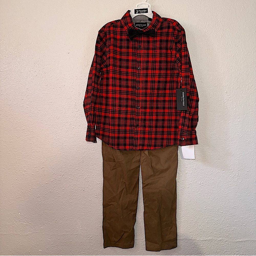 Kenneth Cole Boys 3 piece set dress shirt pants bow tie red black tan outfit NWT
